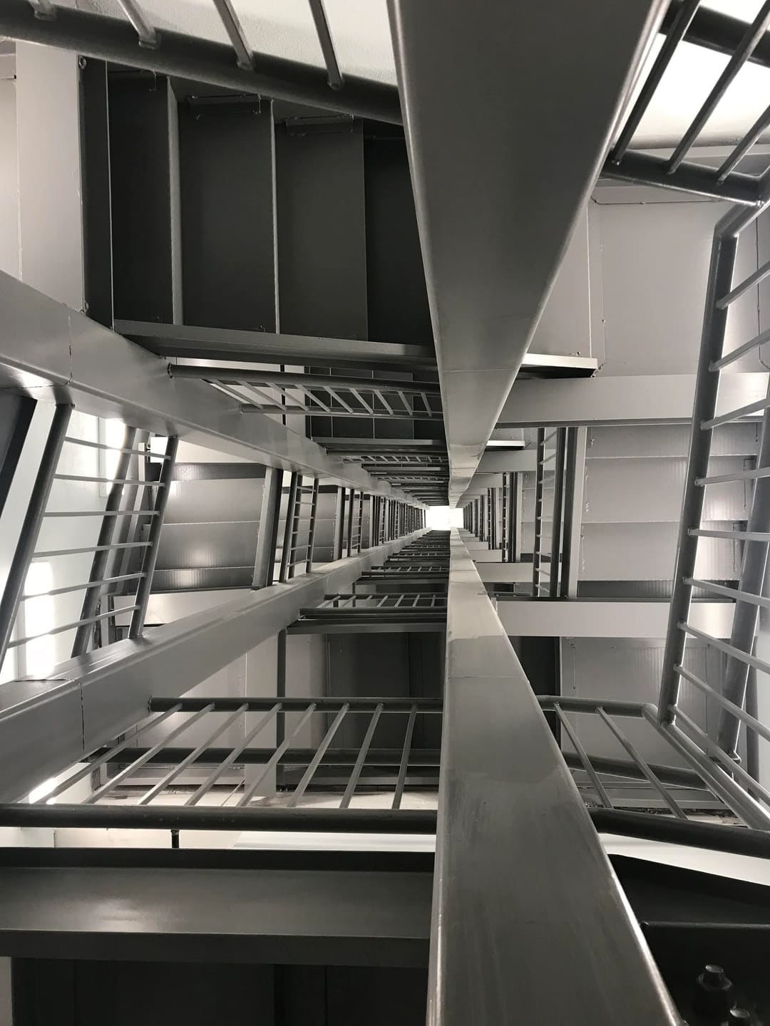 Installed steel stairs at Aloft Hotel in Bassett Tower, viewed upward