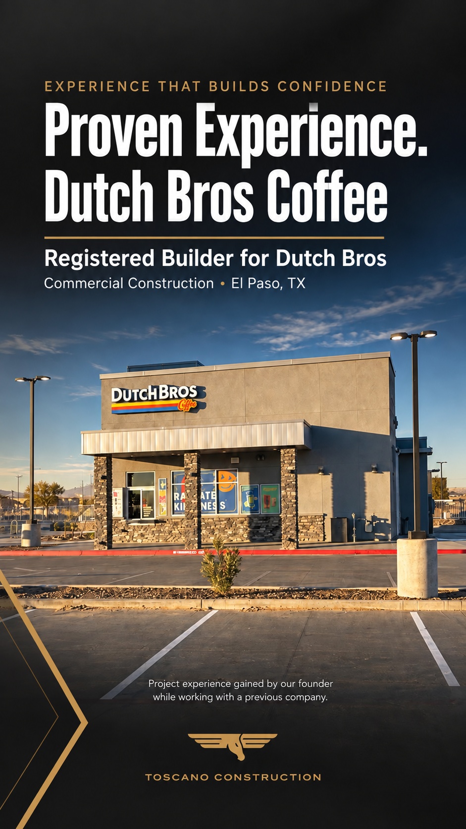 Dutch Bros registered builder flyer with founder professional experience attribution